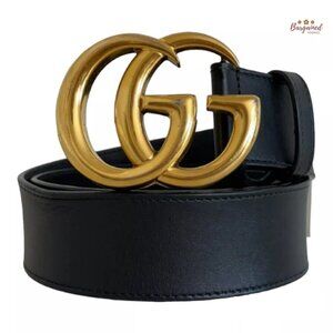 Authentic Gucci Black Smooth Calfskin Leather Gold Double G Buckle Belt 75/30